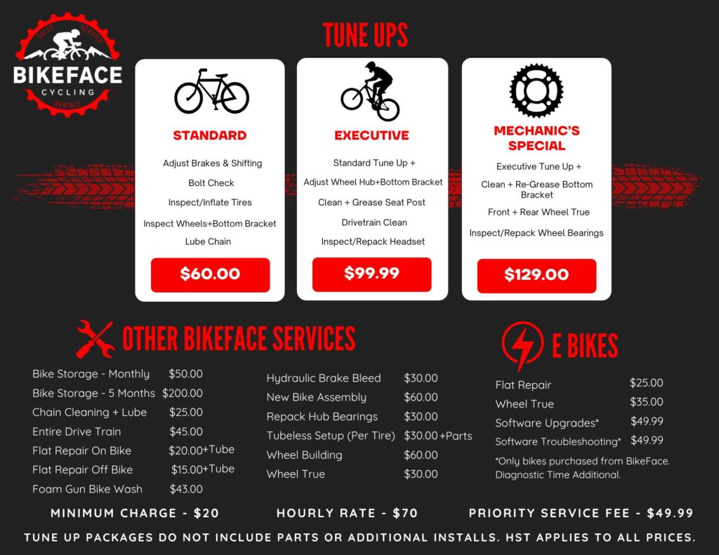 Bikeface service menu board listing repair prices
