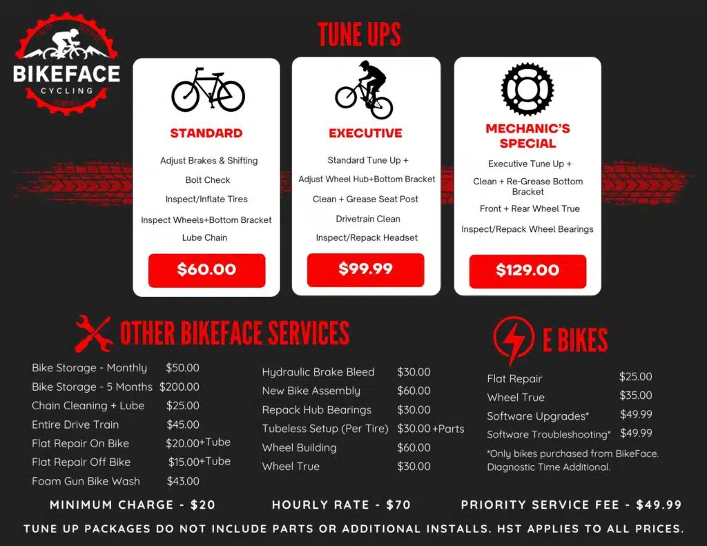 Bikeface service menu board listing repair prices