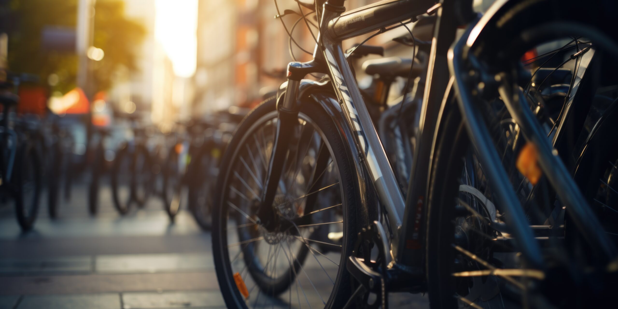 A row of bicycles are parked on the sidewalk