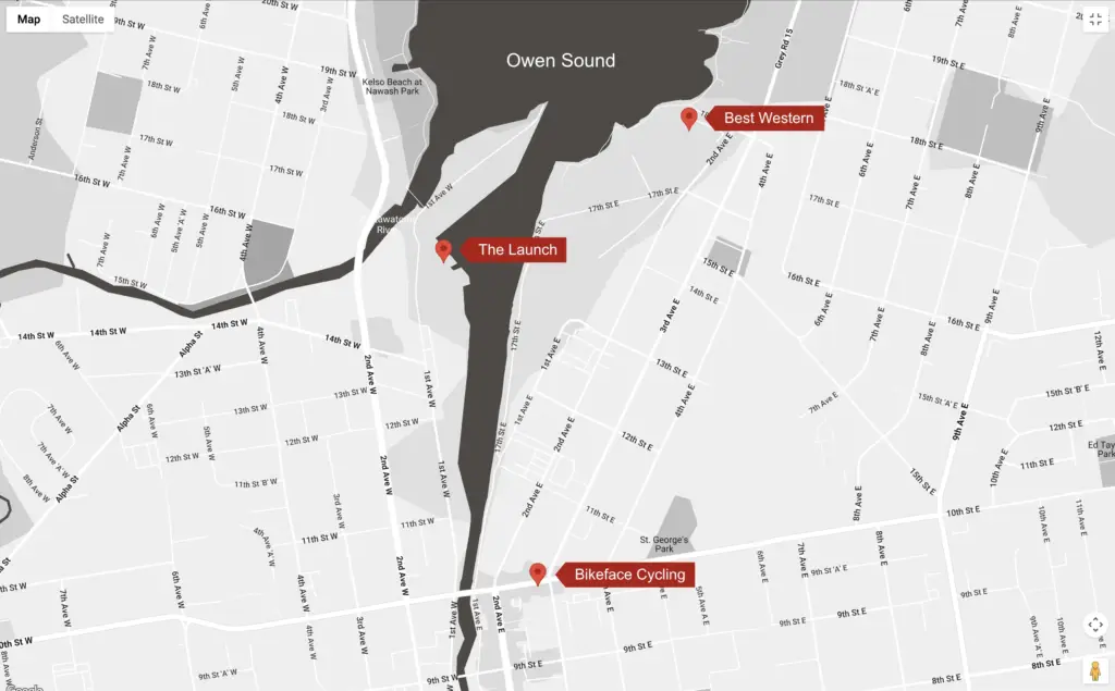 Map of the three Bikeface rental pick-up locations in Owen Sound
