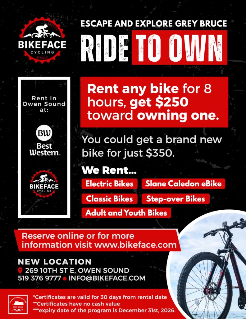 Bikeface Ride to Own flyer — rent any bike for 8 hours and get $250 toward owning one