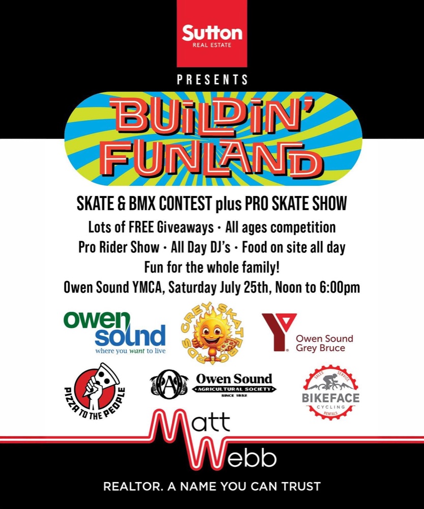 Buildin' Funland event poster — Sutton Real Estate presents, Owen Sound YMCA, Saturday July 25th, noon to 6pm, with sponsor logos including Bikeface Cycling.