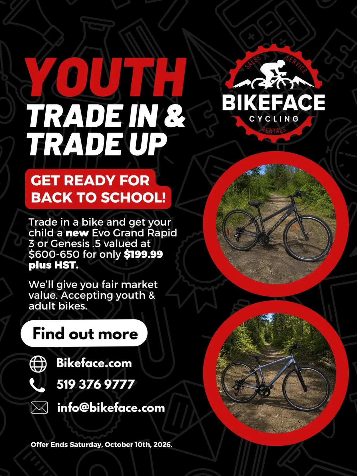 Bikeface Cycling youth trade-in offer: trade in a bike and get a new Evo Grand Rapid 3 or Genesis .5 for $199.99 plus HST, offer ends October 10 2026