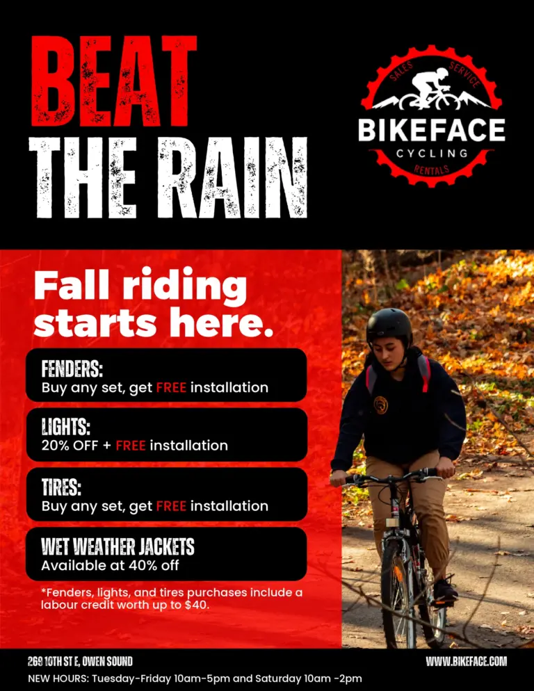 Bikeface Beat the Rain fall flyer — free installation on fenders and tires, 20% off lights plus free installation, and wet weather jackets at 40% off