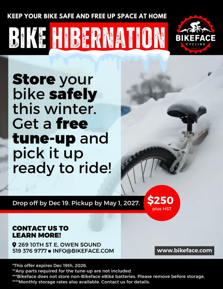Bikeface Bike Hibernation winter storage — store your bike safely and get a free tune-up for $250 plus HST. Drop off by December 19, pick up by May 1, 2027.