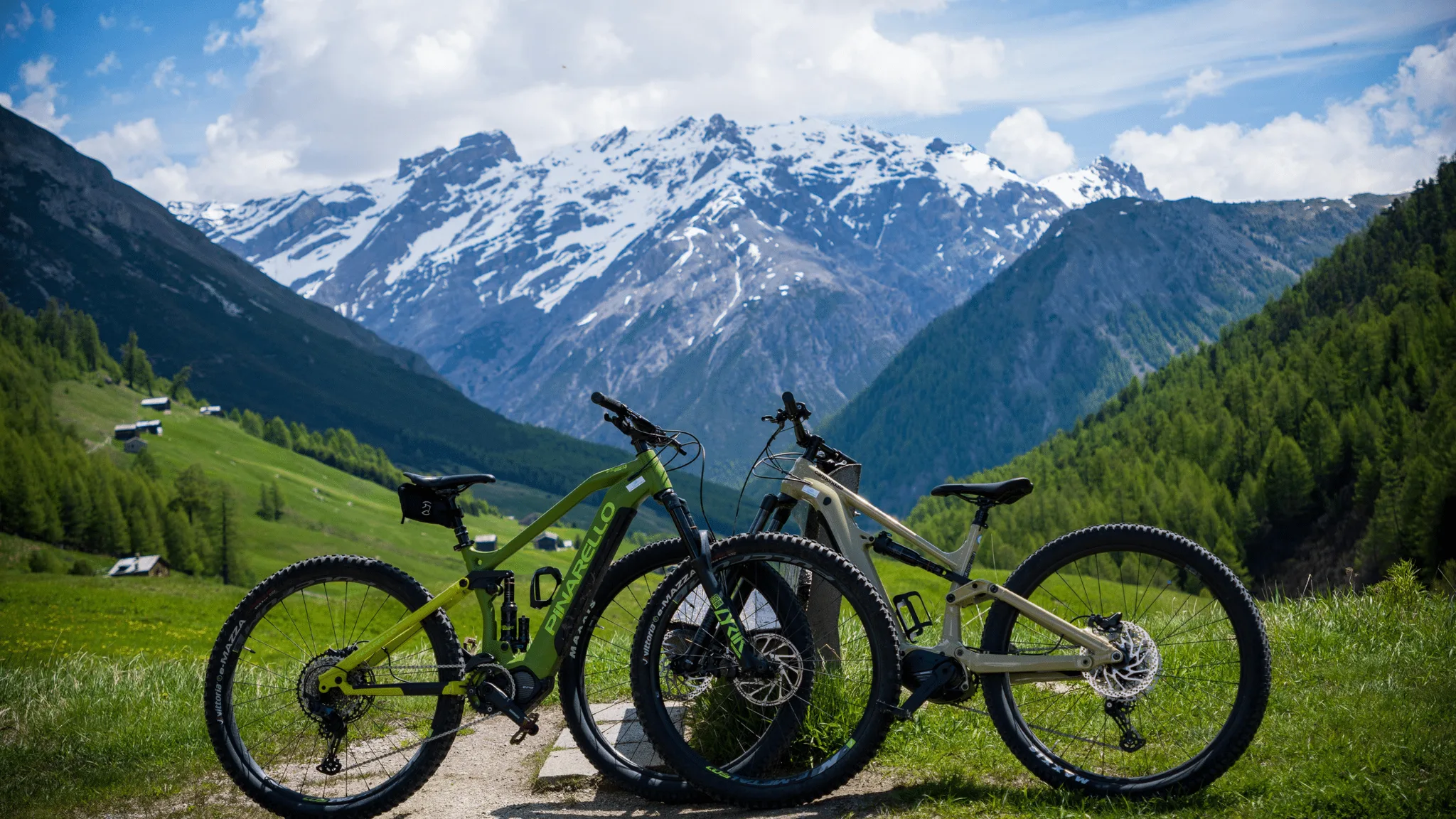 Electric mountain bikes in an alpine valley