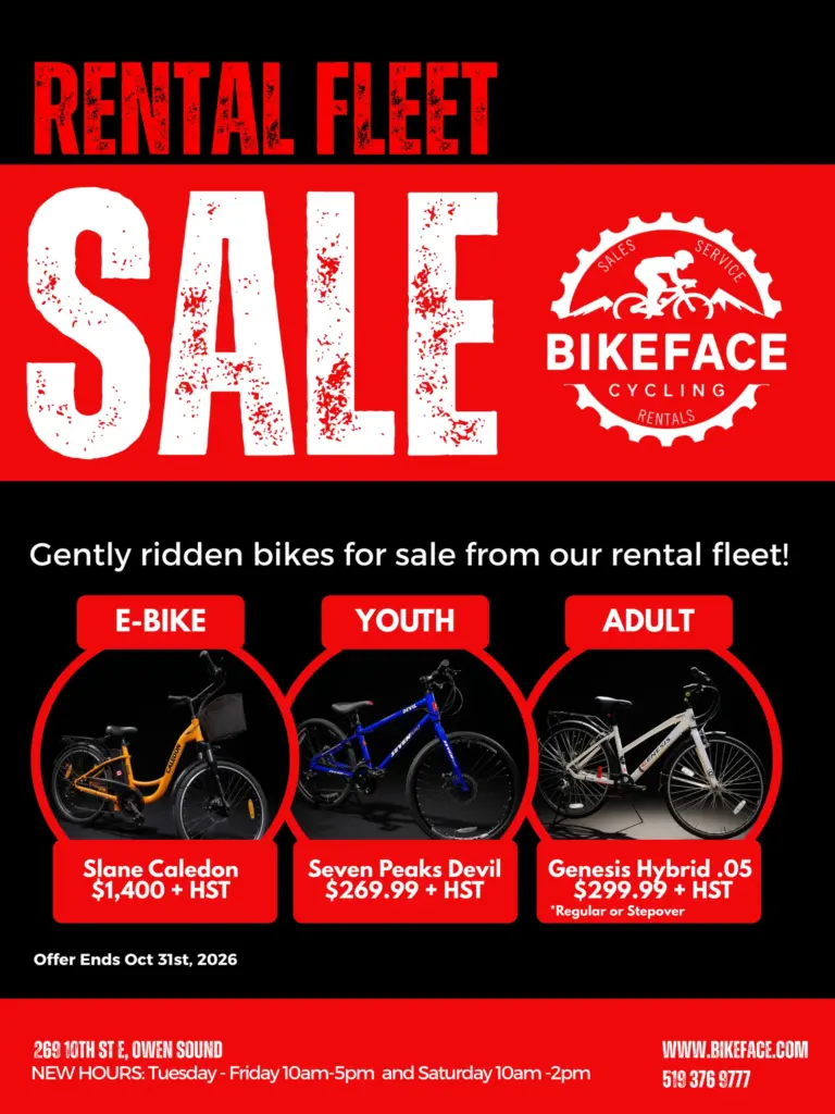 Bikeface rental fleet sale — gently ridden bikes from the rental fleet: Slane Caledon e-bike $1,400, Seven Peaks Devil youth bike $269.99, Genesis Hybrid .05 adult bike $299.99, all plus HST. Offer ends October 31, 2026.